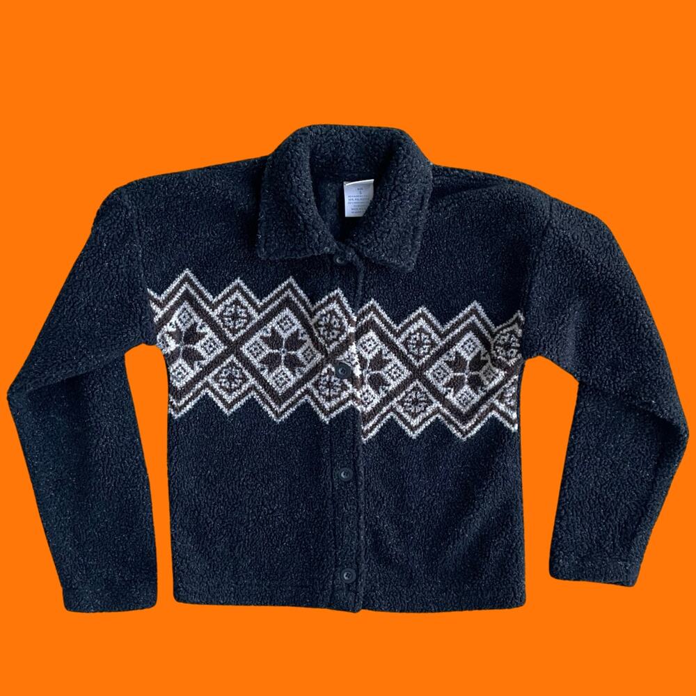 90's vintage snowflake fair isle fleece collared button up cardigan sweater S